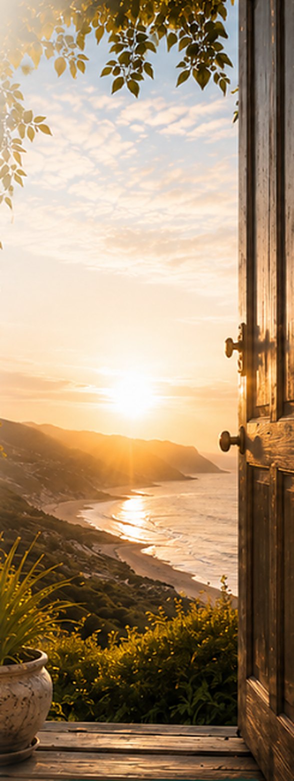 An old wooden door standing open onto warm evening light