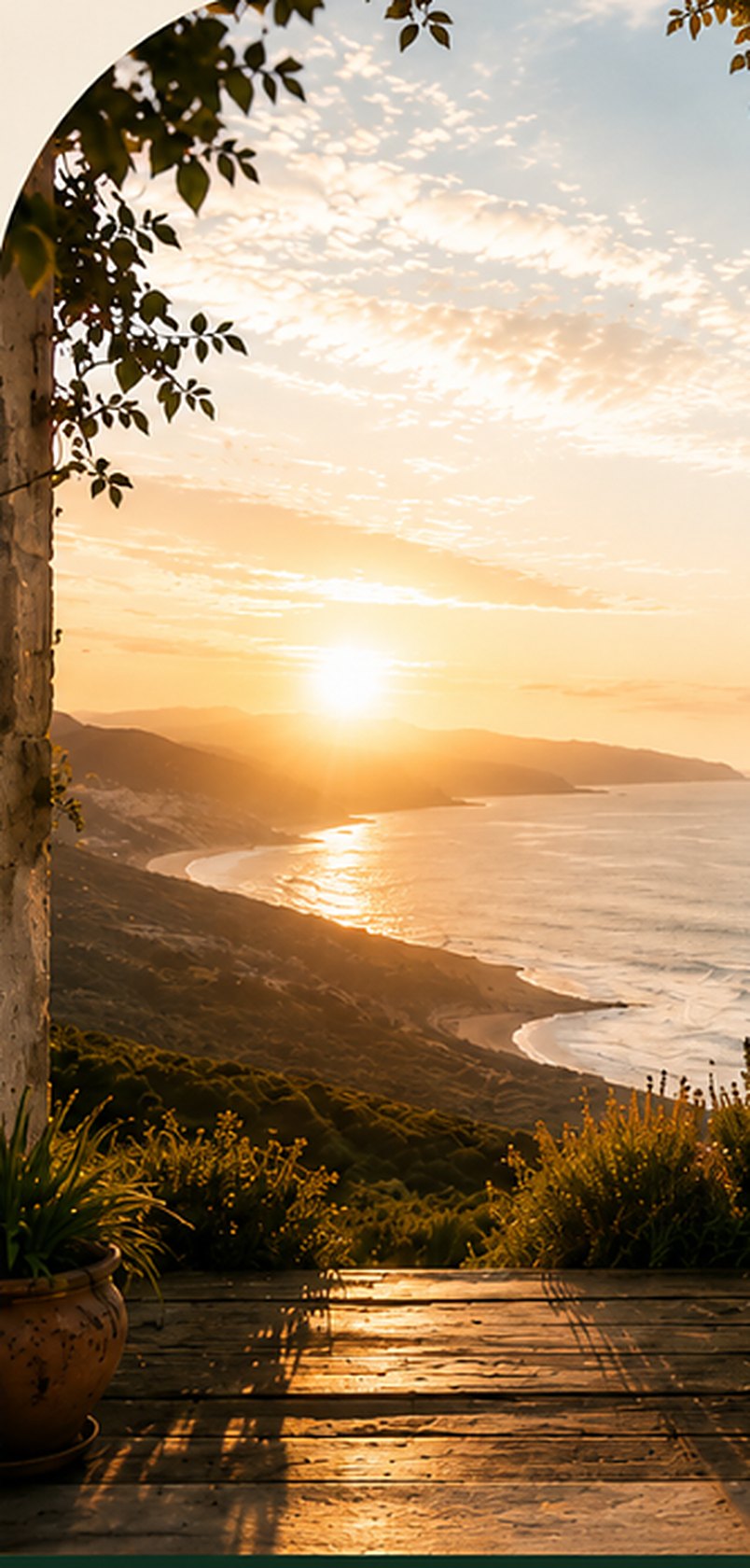 Sunrise over a coastline seen through an open doorway